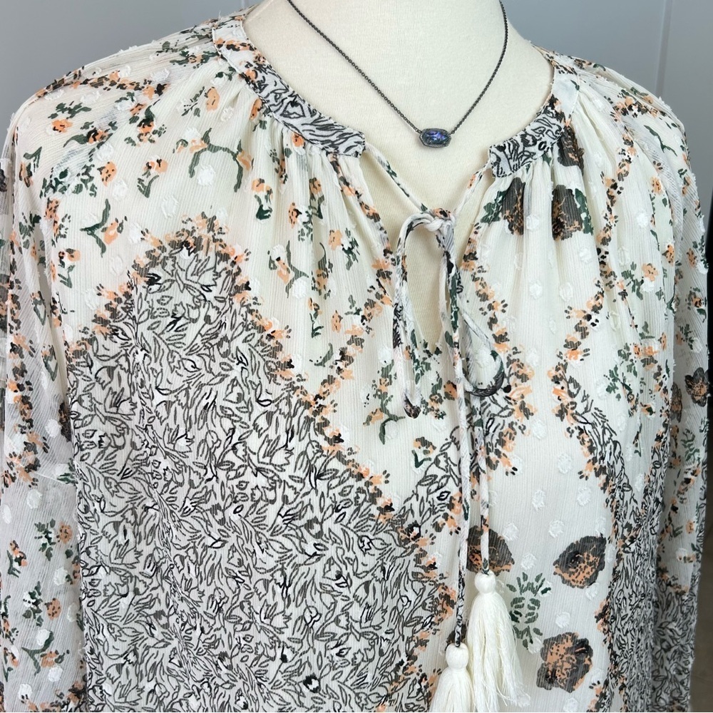 Long Sleeve Floral Patchwork Top Tunic LG Cream Cottagecore Layering Fall
